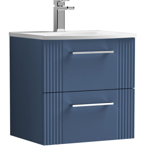 Belvide Partial Fluted 2 Drawer Wall Hung Vanity Unit with 1 Tap Hole Curved Basin- 500mm - Satin Blue