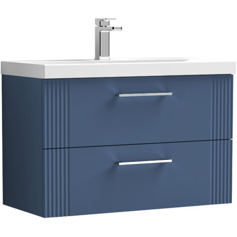 Belvide Partial Fluted 2 Drawer Wall Hung Vanity Unit with 1 Tap Hole Thin-Edge Basin - 800mm - Satin Blue