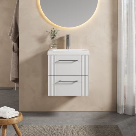 Retro 2 Drawer Wall Hung Vanity Unit with Mid-Edge 1 Tap Hole Ceramic Basin - 500mm - Satin White - Balterley