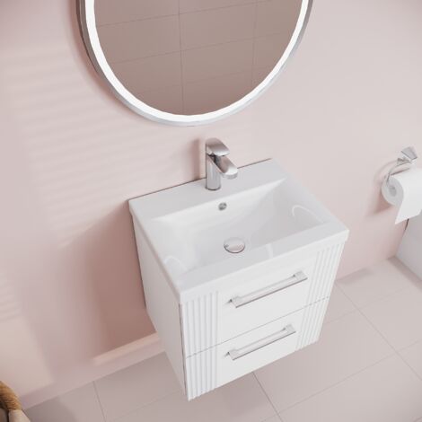 Retro 2 Drawer Wall Hung Vanity Unit with Mid-Edge 1 Tap Hole Ceramic Basin - 500mm - Satin White - Balterley