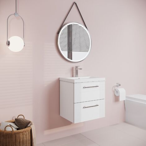 Retro 2 Drawer Wall Hung Vanity Unit with Mid-Edge 1 Tap Hole Ceramic Basin - 500mm - Satin White - Balterley