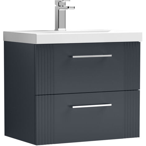 Belvide Partial Fluted 2 Drawer Wall Hung Vanity Unit with 1 Tap Hole Thin-Edge Basin- 600mm - Satin Dark Grey