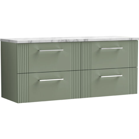 Belvide Partial Fluted 4 Drawer Wall Hung Vanity Unit with Carrera Marble Laminate Worktop - 1200mm - Satin Green