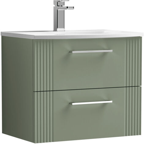 Belvide Partial Fluted 2 Drawer Wall Hung Vanity Unit with 1 Tap Hole Curved Basin- 600mm - Satin Green