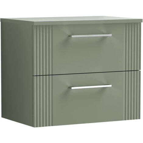 Belvide Partial Fluted 2 Drawer Wall Hung Vanity Unit with Colour Coordinating Worktop - 600mm - Satin Green