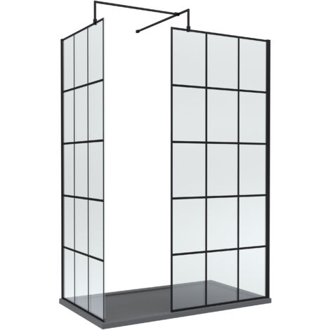 8mm Glass Walk In Wetroom Screens with Matt Black Framed Design and Slate Grey Shower Tray - 1400 x 900mm (1/2)