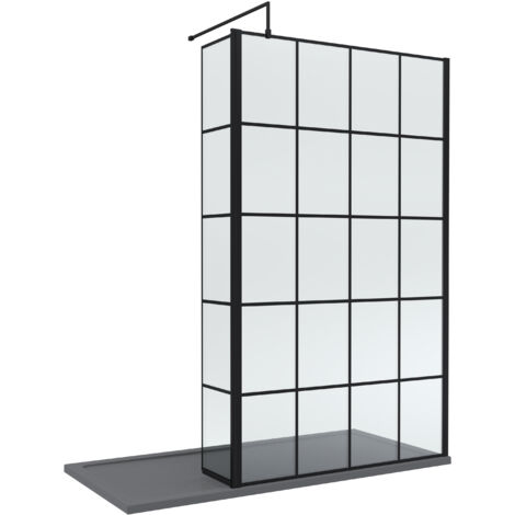 8mm Glass Walk In Wetroom Screen and Hinged Return Black Framed Design and Grey Shower Tray - 1700 x 800mm