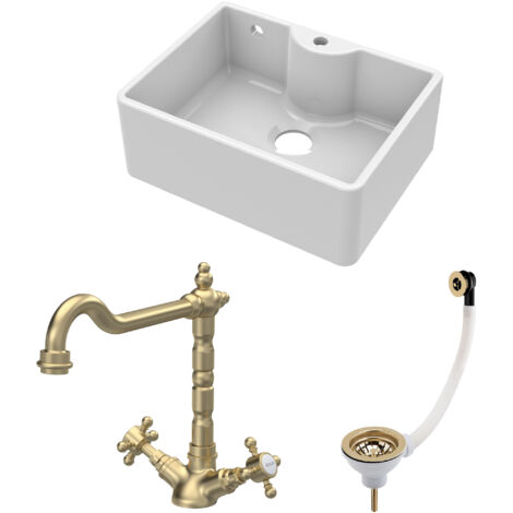 Fireclay Kitchen Bundle - Single Bowl Butler Sink with Overflow, Tap Hole, Waste & Classic Tap, 595mm - Brushed Brass - Balterley
