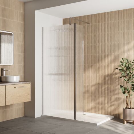 8mm Fluted Glass Walk In Wetroom Screen and Hinged Return with Chrome Profile and Shower Tray - 1400 x 800mm