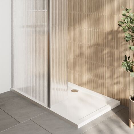 8mm Fluted Glass Walk In Wetroom Screen and Hinged Return with Chrome Profile and Shower Tray - 1400 x 800mm