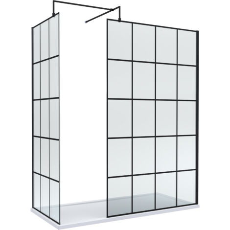 8mm Glass Walk In Wetroom Screens with Matt Black Framed Design and White Shower Tray - 1700 x 900mm (1/2)