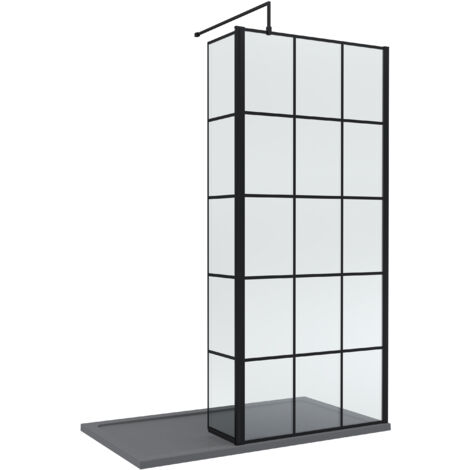 8mm Glass Walk In Wetroom Screen and Hinged Return Black Framed Design and Grey Shower Tray - 1400 x 800mm (1/3)