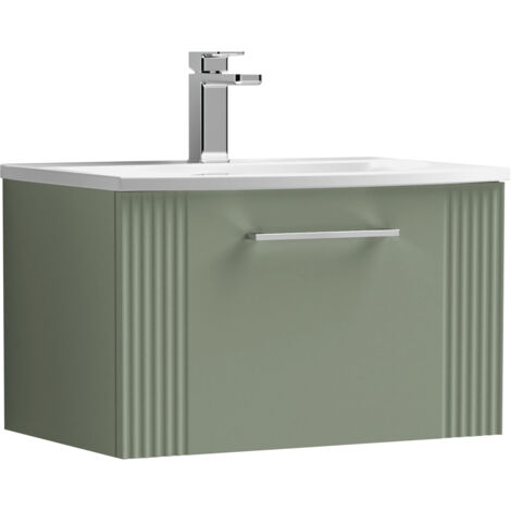 Belvide Partial Fluted 1 Drawer Wall Hung Vanity Unit with 1 Tap Hole Curved Basin- 600mm - Satin Green - Baltereley