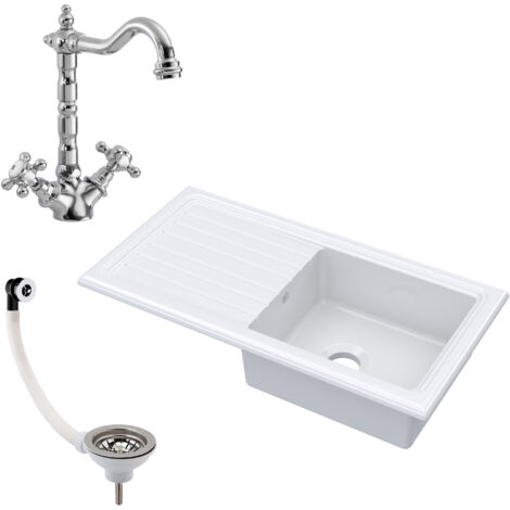 Fireclay 1 Bowl Inset Kitchen Sink & Drainer with Classic Tap, Basket Strainer Wastes, 1010mm - White (1/5)