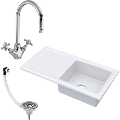 Fireclay 1 Bowl Inset Kitchen Sink & Drainer with Mixer Tap, Basket Strainer Wastes, 1010mm - White (1/5)
