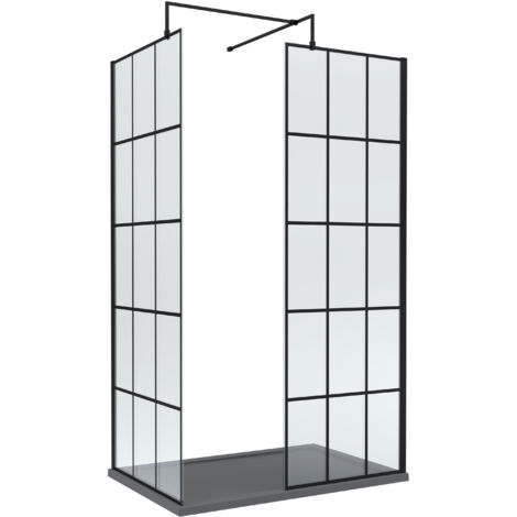 8mm Glass Walk In Wetroom Screens with Matt Black Framed Design and Slate Grey Shower Tray - 1200 x 700mm (1/2)