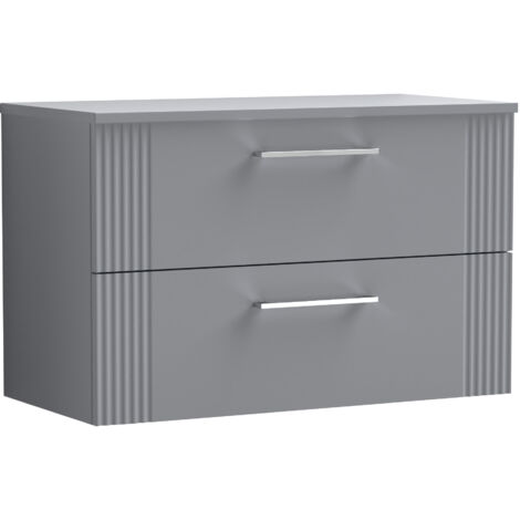 Belvide Partial Fluted 2 Drawer Wall Hung Vanity Unit with Colour Coordinating Laminate Worktop - 800mm - Satin Grey