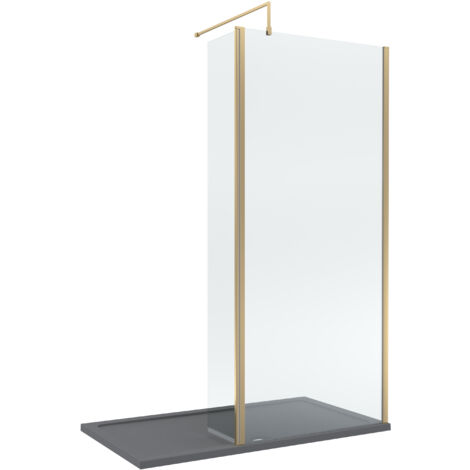 8mm Glass Walk In Wetroom Screen and Hinged Return Screen with Brushed Brass Profile and Grey Shower Tray - 1400 x 900mm