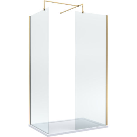 8mm Glass Walk In Wetroom Screens with Brushed Brass Profile and White Shower Tray - 1200 x 700mm