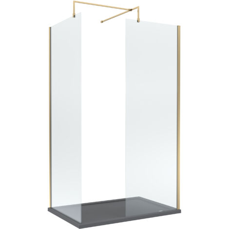 8mm Glass Walk In Wetroom Screens with Brushed Brass Profile and Slate Grey Shower Tray - 1200 x 800mm