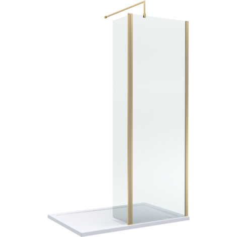 8mm Glass Walk In Wetroom Screen and Hinged Return Screen with Brushed Brass Profile and Shower Tray - 1200 x 900mm
