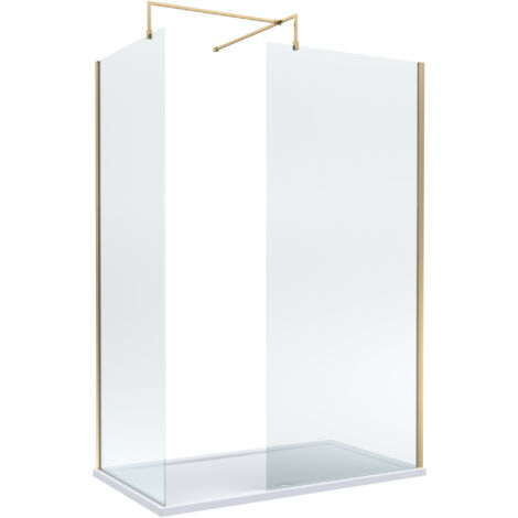 8mm Glass Walk In Wetroom Screens with Brushed Brass Profile and White Shower Tray - 1400 x 900mm