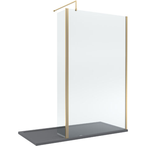 8mm Glass Walk In Wetroom Screen and Hinged Return Screen with Brushed Brass Profile and Grey Shower Tray - 1700 x 700mm