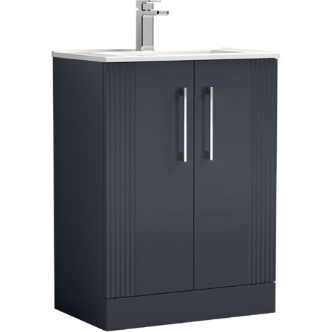 Belvide Partial Fluted 2 Door Floor Standing Vanity Unit with 1 Tap Hole Minimalist Basin - 600mm - Satin Dark Grey