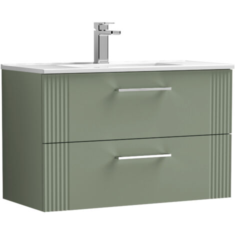 Belvide Partial Fluted 2 Drawer Wall Hung Vanity Unit with 1 Tap Hole Minimalist Basin - 800mm - Satin Green