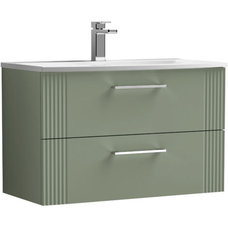 Belvide Partial Fluted 2 Drawer Wall Hung Vanity Unit with 1 Tap Hole Curved Basin- 800mm - Satin Green