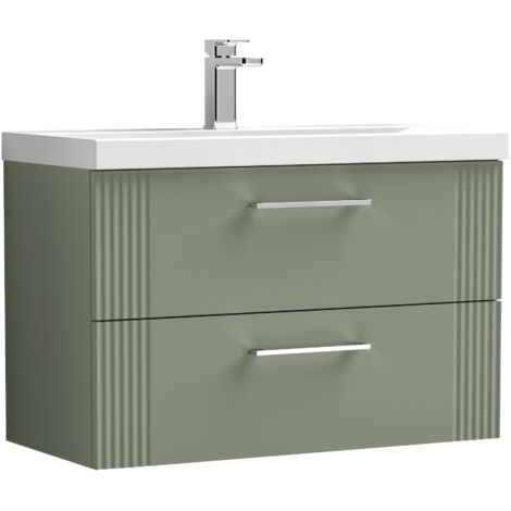 Belvide Partial Fluted 2 Drawer Wall Hung Vanity Unit with 1 Tap Hole Thin-Edge Basin- 800mm - Satin Green