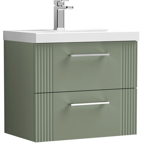 Belvide Partial Fluted 2 Drawer Wall Hung Vanity Unit with 1 Tap Hole Thin-Edge Basin- 600mm - Satin Green
