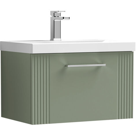 Belvide Partial Fluted 1 Drawer Wall Hung Vanity Unit with 1 Tap Hole Thin-Edge Basin- 600mm - Satin Green (1/4)