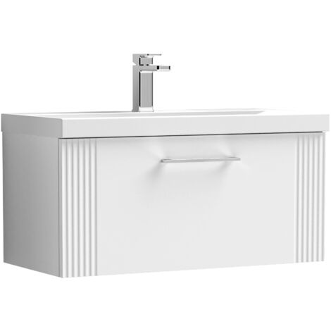 Belvide Partial Fluted 1 Drawer Wall Hung Vanity Unit with Mid-Edge 1 Tap Hole Ceramic Basin - 800mm - Satin White (1/4)