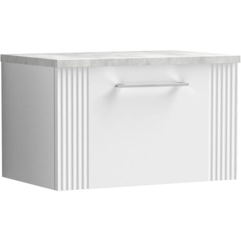 Belvide Partial Fluted 1 Drawer Wall Hung Vanity Unit with Bellato Grey Laminate Worktop - 600mm - Satin White