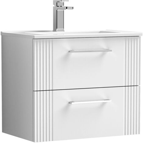 Belvide Partial Fluted 2 Drawer Wall Hung Vanity Unit with 1 Tap Hole Minimalist Basin - 600mm - Satin White