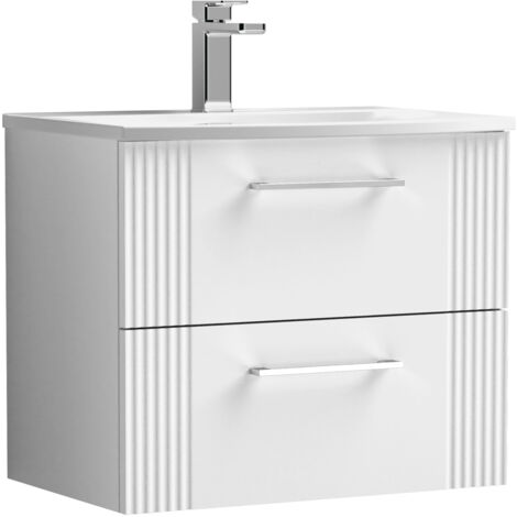 Belvide Partial Fluted 2 Drawer Wall Hung Vanity Unit with 1 Tap Hole Curved Basin- 600mm - Satin White