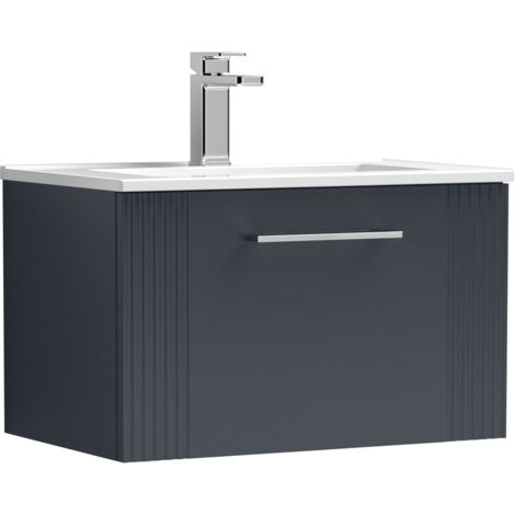 Belvide Partial Fluted 1 Drawer Wall Hung Vanity Unit with 1 Tap Hole Minimalist Basin - 600mm - Satin Dark Grey (1/4)