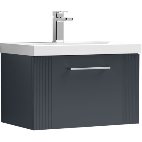 Belvide Partial Fluted 1 Drawer Wall Hung Vanity Unit with 1 Tap Hole Thin-Edge Basin- 600mm - Satin Dark Grey