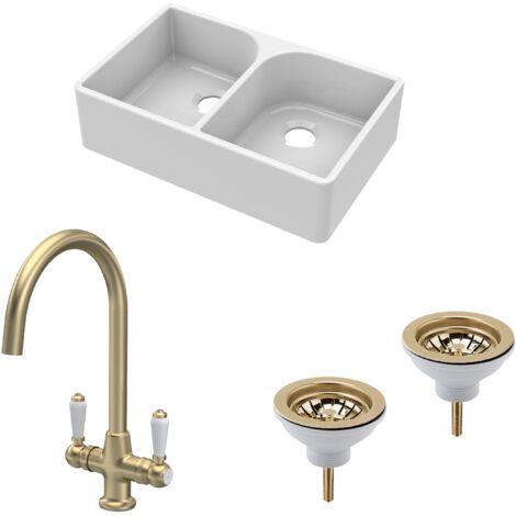 Fireclay Kitchen Bundle -  2 Bowl Full Weir Butler Sink No Overflow with Waste & Lever Tap, 795mm - Brushed Brass