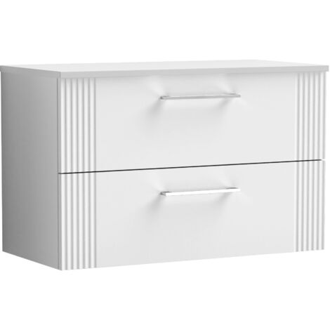 Belvide Partial Fluted 2 Drawer Wall Hung Vanity Unit with Colour Coordinating Worktop - 800mm - Satin White