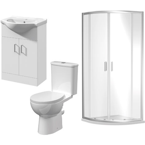 900mm Quadrant Shower Enclosure Suite with Shower Enclosure, Shower Tray, Waste, Vanity Basin Unit, Toilet and Seat - Chrome/White