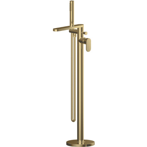 Balterley Enville Round Floor Standing Bath Shower Mixer Tap with Kit and Flat Rounded Spout - Brushed Brass Finish