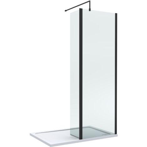8mm Glass Walk In Wetroom Screen and Hinged Return Screen with Matt Black Profile and Shower Tray - 1200 x 700mm