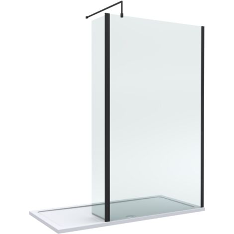 8mm Glass Walk In Wetroom Screen and Hinged Return Screen with Matt Black Profile and Shower Tray - 1700 x 700mm