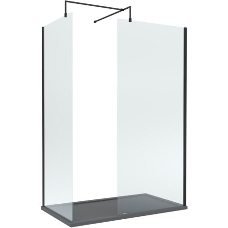 8mm Glass Walk In Wetroom Screens with Matt Black Profile and Slate Grey Shower Tray - 1400 x 700mm