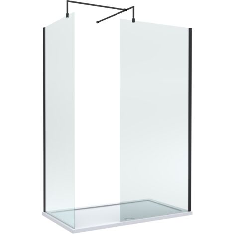 8mm Glass Walk In Wetroom Screens with Matt Black Profile and White Shower Tray - 1400 x 900mm
