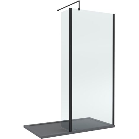 8mm Glass Walk In Wetroom Screen and Hinged Return Screen with Matt Black Profile and Grey Shower Tray - 1400 x 900mm