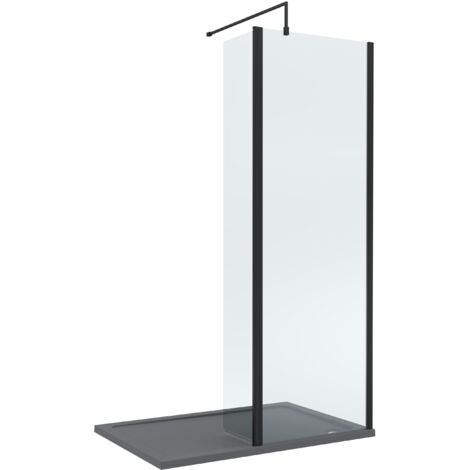 8mm Glass Walk In Wetroom Screen and Hinged Return Screen with Matt Black Profile and Grey Shower Tray - 1200 x 800mm