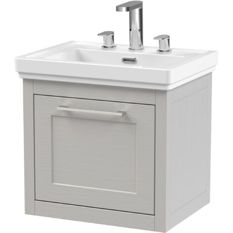 Blithbury Traditional Bathroom Wall Hung 1 Drawer Vanity Unit and 3 Tap Hole Fireclay Basin, 500mm, Woodgrain Grey